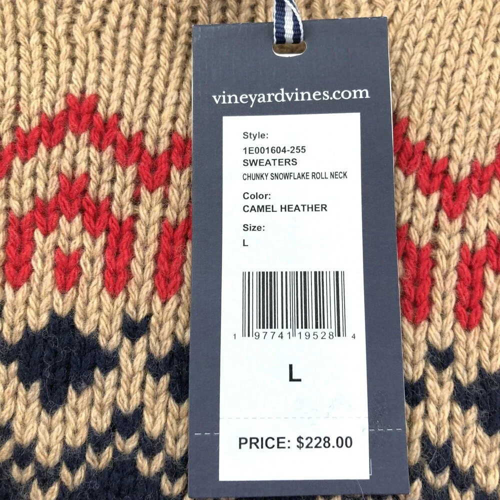 Vineyard Vines Sweater Mens Large Beige Fair Isle Snowflake Roll Neck Knit